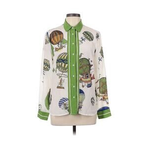 Anthropologie Maeve Silk Button Up Retro Hot Air Balloon Blouse Green Printed 10